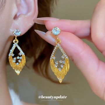 Gold Tone Open Leaf Crystal Drop Stud Earrings Jewelry Accessory