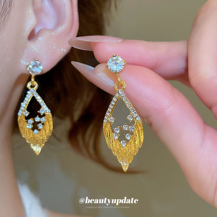 Gold Tone Open Leaf Crystal Drop Stud Earrings Jewelry Accessory