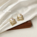 Gold Square Mabe Pearl Stud Earrings Curb Chain Frame view 3