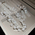 Silver Pearl Rhinestone Multi Row Choker Tassel Clip Earrings view 2