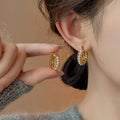 Gold Tone Chain Hoop Earrings with Double Pearl Rows view 2