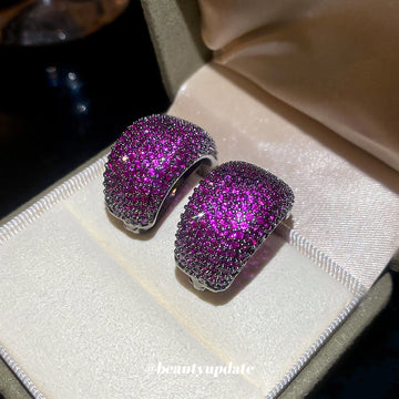 Purple Crystal Wide Huggie Earrings with Dark Metal Trim