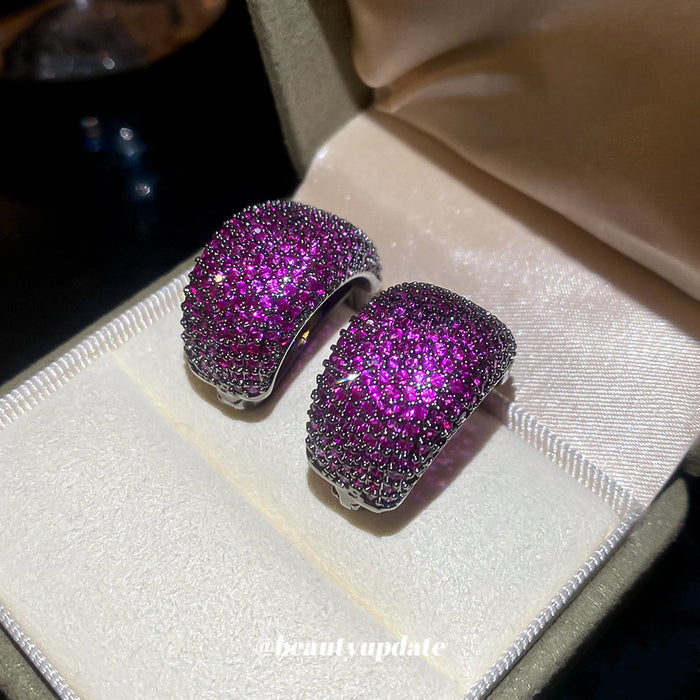 Purple Crystal Wide Huggie Earrings with Dark Metal Trim