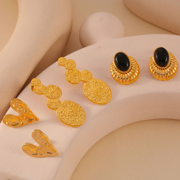 Textured Heart Fan Black Stone And Stacked Disc Drop Earrings