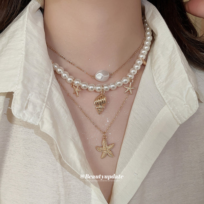 Pearl Shell Starfish Three Layer Necklace Set Two Colors