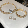 Double Row Rhinestone Necklace Cuff Bracelet Earring Set view 6