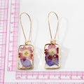 Gold Tone Rectangular Pressed Flower Resin Long Drop Earrings view 5
