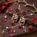 Burgundy Flower Pearl Look Garden Plaque Dangle Earrings view 4