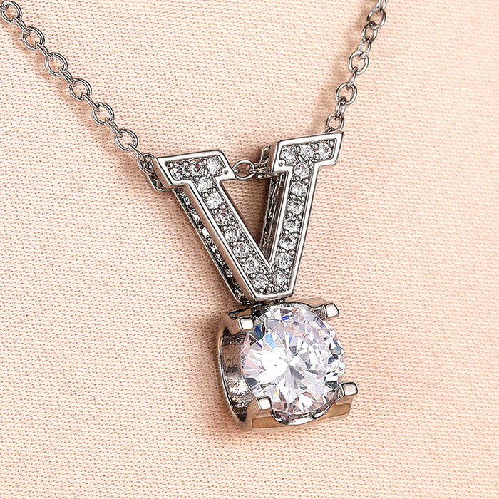 Silver Tone Letter V Clear Stone Pendant Necklace Jewelry