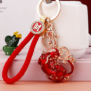 Jeweled Pixiu Keychains in Red Gold and Purple with Fortune Loops