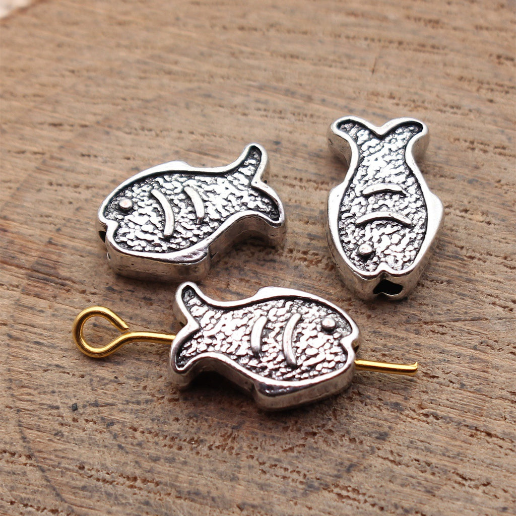 12x8x4.2mm 1.3g Antique Silver Zinc Alloy Double Sided Fish Loose Metal Beads for DIY Jewelry Making