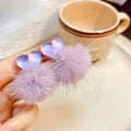 Pink Purple and Green Heart Pom Pom Dangle Stud Earrings view 7