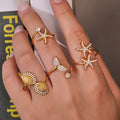 Ocean Zircon Open Rings Starfish Shell Fishtail Gold Steel view 4