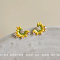 Yellow Green Enamel Sunflower Stud Earrings Clear Stones view 4