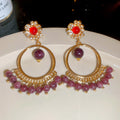 Purple Beaded Circular Drop Earrings with Red Studs view 6