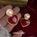 Gold Pearl Stud Red Heart Drop Earrings Twisted Rim view 3