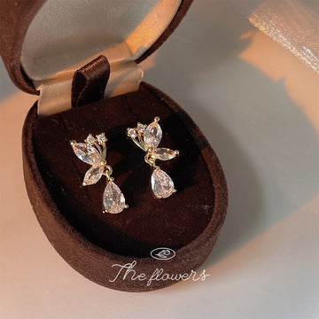 Gold Tone Clear Leaf And Teardrop Drop Stud Earrings For Women