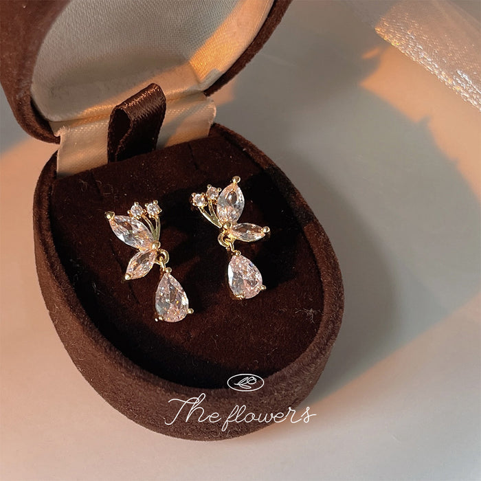 Gold Tone Clear Leaf And Teardrop Drop Stud Earrings For Women