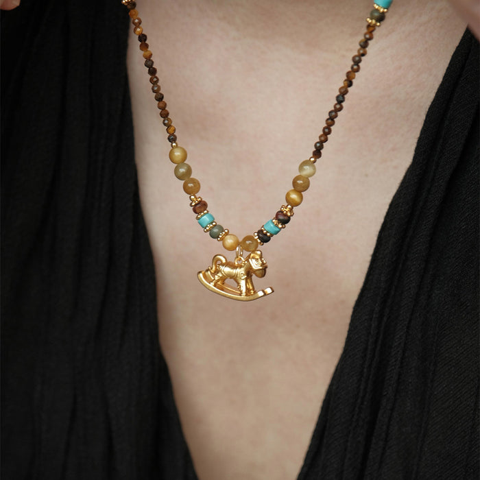 Brown Beaded Horse Pendant Necklace Statement Fashion Jewelry