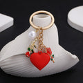 Red Rose Heart and Faux Pearl Charm Keychain with Round Ring view 3