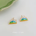 Gold Tone Mountain Enamel Pearl And Clear Stone Stud Earrings view 4