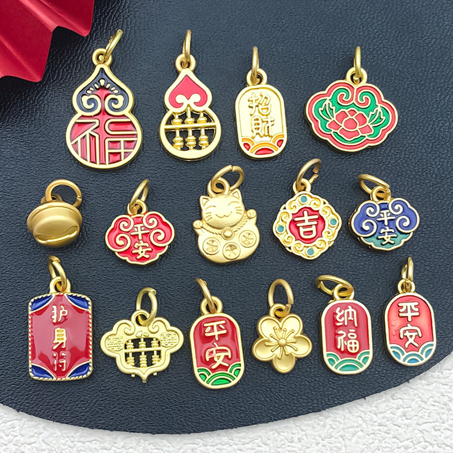 Gold Tone Zinc Alloy Lucky Cat Gourd Fu Tag Charm Pendant for DIY Bracelet Necklace