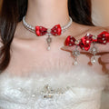 Red Fabric Bow Pearl Choker And Snowflake Drop Earrings view 1