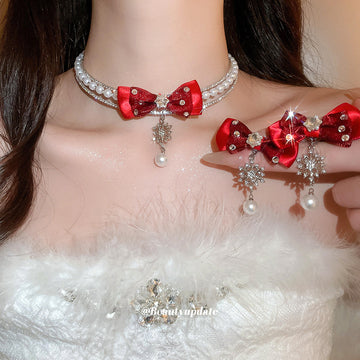 Red Fabric Bow Pearl Choker And Snowflake Drop Earrings