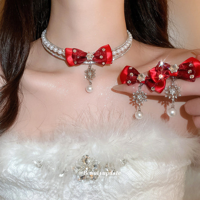 Red Fabric Bow Pearl Choker And Snowflake Drop Earrings