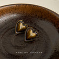 Antique Bronze Heart Stud Earrings Beaded Rim Pair view 3