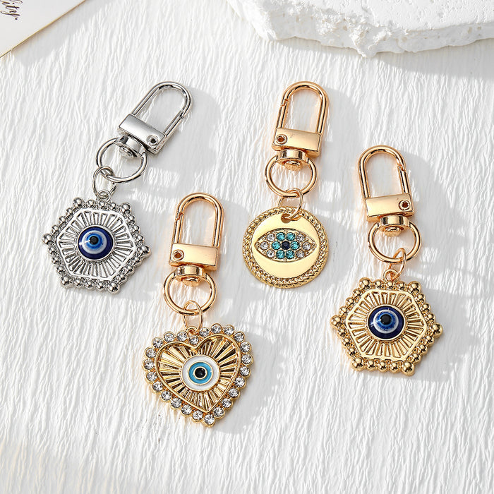 Evil Eye Alloy Keychains Disc Hexagon Heart 4 Styles