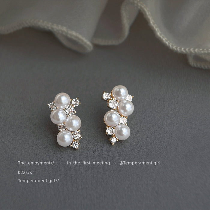 Gold Four Pearl Cluster Clear Stones Stud Earrings