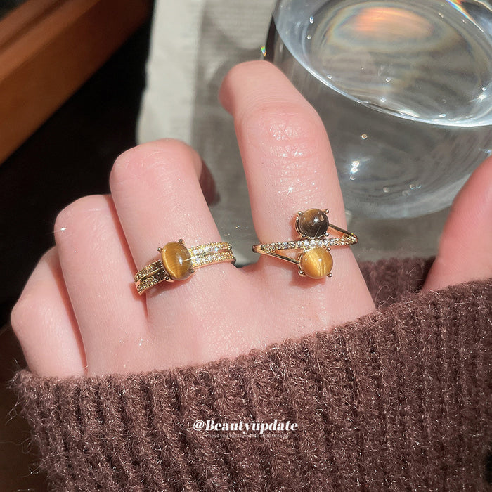 Gold Tiger Eye Crystal Open Adjustable Ring Two Styles
