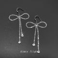 Silver Rhinestone Bow Dangle Earrings Dual Crystal Chains view 4