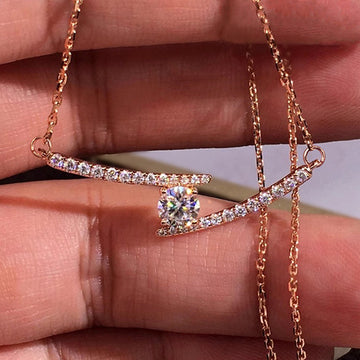 Rose Gold Curved Bar Necklace Round Center CZ Pave