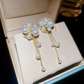 Gold Pearl Flower Tassel Earrings With Chain Drops view 1