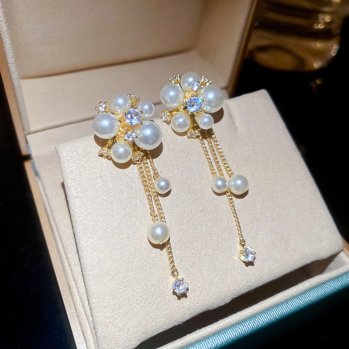 Gold Pearl Flower Tassel Earrings With Chain Drops