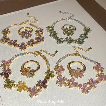 Flower Zircon Bracelet and Open Ring Gold Silver Tones