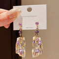 Purple Rectangular Crystal Drop Earrings with Reflective Details view 3