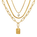 Layered Face Plaque Pearl Necklace Gold Steel Multi Chain view 5