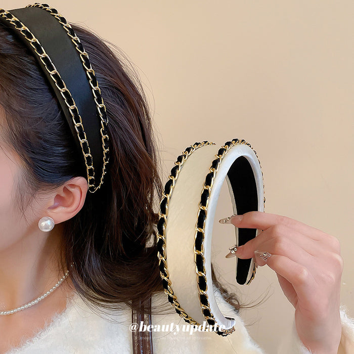 Padded Fabric Headband Gold Chain Black Ribbon 2 Colors