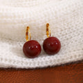 Dark Red Round Bead Gold Tone Small Hoop Dangle Earrings view 3