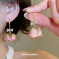 Preserved Pink Rose Bow Hook Earrings Fashion Jewelry Accessory view 2
