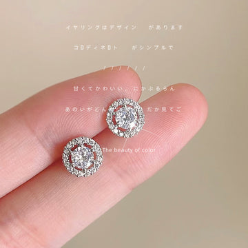 Silver Tone Clear Round Stone Double Halo Stud Earrings For Women