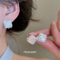 Square Crystal Flower Stud Earrings In Three Soft Colors view 2