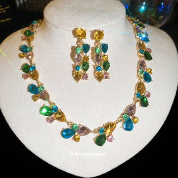 Multicolor Teardrop Crystal Necklace Drop Earrings Set
