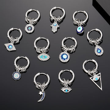Silver Tone Evil Eye Charm Huggie Hoop Earrings Eleven Styles