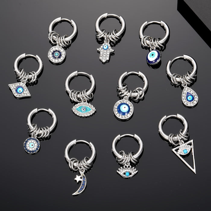 Silver Tone Evil Eye Charm Huggie Hoop Earrings Eleven Styles