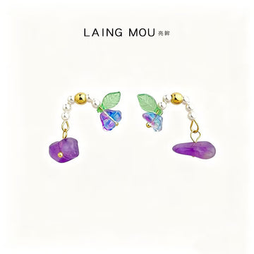 Pearl Arc Lily-of-the-Valley Drop Earrings Purple Glass Charm