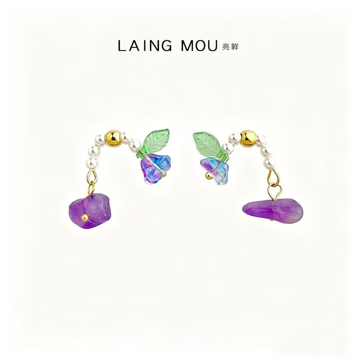 Pearl Arc Lily-of-the-Valley Drop Earrings Purple Glass Charm